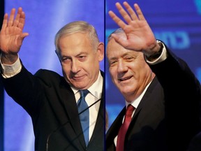 This combination picture created on September 18, 2019 shows Benny Gantz (R), leader and candidate of the Israel Resilience party that is part of the Blue and White (Kahol Lavan) political alliance, waving to supporters in Tel Aviv early on September 18, 2019, and Israeli Prime Minister Benjamin Netanyahu addressing supporters at his Likud party's electoral campaign headquarters in Tel Aviv early on September 18, 2019.