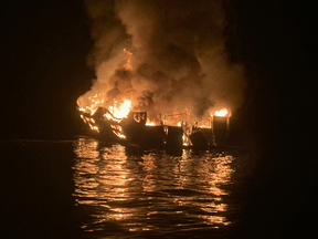 The 75-foot Conception burns after catching fire early Sept. 2, 2019 anchored off Santa Cruz Island, California.