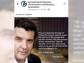 A doctored quote from TV personality Rick Mercer was turned into a fake endorsement for the Conservative Party and was posted on the Facebook page of the Burnaby North-Seymour Conservative Association.