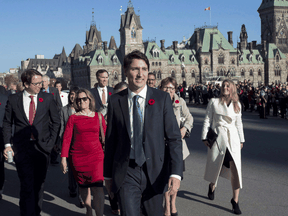 Prime Minister Justin Trudeau arrives at Parliament Hill with his newly sworn-in cabinet ministers on Nov. 4, 2015.