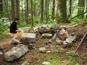The foundation of a Japanese bathhouse at the site used by members of a Japanese-Canadian logging camp in B.C.