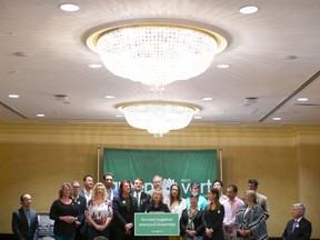 Federal Green Party Leader Elizabeth May attends the launch of her party's election platform in Toronto on Monday September 16, 2019. he Liberals and the Greens each unveiled signature elements of their policy plans Monday as leaders taking part in the federal election campaign fanned out across the country.