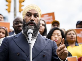 NDP Leader Jagmeet Singh makes an announcement in Toronto on Monday, September 2, 2019. The federal NDP says it's not true that 14 former provincial NDP candidates in New Brunswick switched their political allegiances to the Green party.