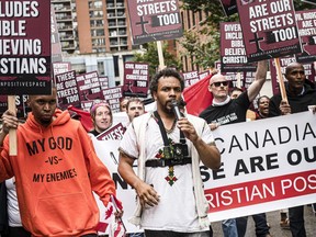 David Lynn speaks at a protest held by an anti-LGBTQ Christian free speech group, in Toronto, on Saturday, Sept., 28, 2019.
