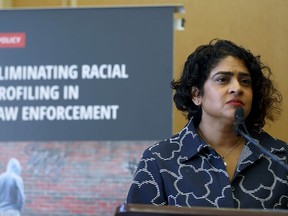 The chief commissioner of the Ontario Human Rights Commission, Renu Mandhane, is seen in Vaughan, Ont., on Friday, Sept. 20, 2019. Mandhane released a new commission policy aimed at tackling racial profiling by police.