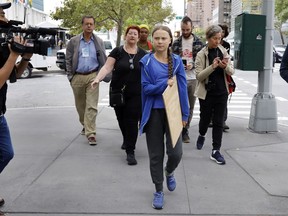 Swedish environmental activist Greta Thunberg arrives outside the United Nations to participate in a demonstration, Friday, Sept. 6, 2019 in New York.