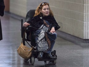 Nicole Gladu, who is incurably ill, arrives at the courthouse in Montreal on Monday, January 7, 2019, for the beginning of a trial challenging the provincial and federal laws on medically assisted death on the grounds they are too restrictive.