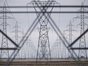 Hydro power lines are shown just outside Winnipeg, Monday, May 1, 2018. The Manitoba government will present submissions today in a lawsuit brought by the Manitoba Metis Federation over the province's decision to deprive the Metis of $82 million in Manitoba Hydro development compensation.