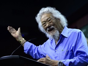 Environmentalist David Suzuki joins Green Party Leader Elizabeth May during a press conference on Parliament Hill in Ottawa on Friday, June 14, 2019. Two leading Canadian activists say voters need to look at climate change in the upcoming federal election as if we are country at war against greenhouse gas emissions.