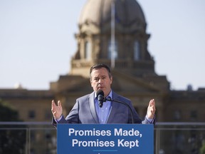 Alberta Premier Jason Kenney discusses the accomplishments of his government in its first 100 days in office, in Edmonton on Wednesday August 7, 2019. Kenney says his government is spending more than $80 million on 4,000 new spaces to treat people with addictions.