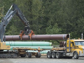 Pipeline pipes are seen at a Trans Mountain facility near Hope, B.C., Thursday, Aug. 22, 2019. Construction of the Trans Mountain pipeline expansion will likely be delayed due to detailed route hearings, outstanding provincial permits and Indigenous court challenges, says a report from environmental group Stand.earth.