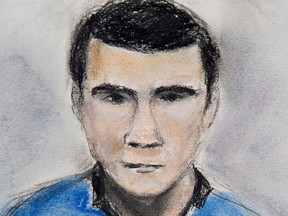Matthew de Grood appears in a Calgary court on Tuesday April 22, 2014 in this courtroom sketch. A psychiatrist in charge of treating an Alberta man who stabbed and killed five young people at a Calgary house party says his risk of re-offending is low.