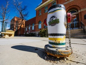 The City of Humboldt is looking to re-vamp its image as a way of helping people move past the Broncos tragedy. Symbols of the town's devotion to the Broncos are visible throughout downtown in Humboldt, Sask., Sunday, March 24, 2019.