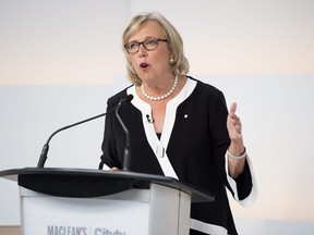 Green Party Leader Elizabeth May speaks during the Maclean's/Citytv National Leaders Debate in Toronto on Thursday, Sept. 12, 2019. May says her party's climate change plan would cancel proposed pipeline projects and transition Canada's energy infrastructure to a carbon-free grid system.