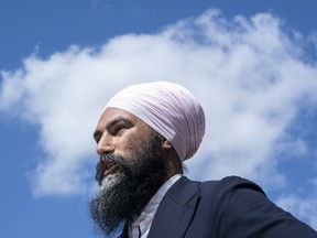 NDP Leader Jagmeet Singh attends a news conference presenting a new candidate in Montreal on Thursday, Sept. 5, 2019. As Liberals and Conservatives prepare to launch their well-funded election machines to fight for the highest political office in the land, federal New Democrats are taking a much less ambitious approach: try to outperform lowered expectations.