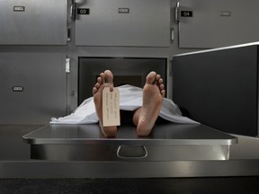 A cadaver lies in an open locker. Researchers have found that that human bodies can move for more than a year after death.