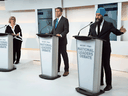 Green Party Leader Elizabeth May, Conservative Leader Andrew Scheer, and NDP Leader Jagmeet Singh take part in a leaders debate in Toronto on Sept. 12, 2019. Liberal Leader Justin Trudeau declined to take part in the debate.