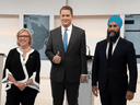Green Party Leader Elizabeth May, Conservative Leader Andrew Scheer and NDP Leader Jagmeet Singh before the Maclean's/Citytv National Leaders Debate on Sept. 12, 2019.