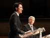 Liberal Leader Justin Trudeau, left, and Conservative Leader Stephen Harper during the Munk Debate on Canada’s foreign policy in Toronto, on Sept. 28, 2015.