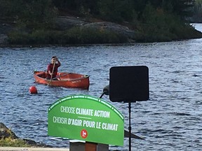 Liberal leader Justin Trudeau paddles up to a policy announcement in Sudbury, Ontario.