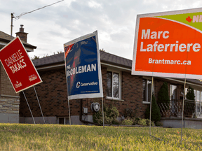 Candidate signs from the 2015 federal election.