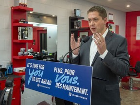 Federal Conservative leader Andrew Scheer speaks at a campaign event in Hamilton, Ontario on Wednesday September 18, 2019. The federal Conservatives say they can find $1.5 billion in savings each year by eliminating some of the federal funding received by businesses.