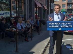 Federal Conservative leader Andrew Scheer speaks at a campaign event in Saint-Hyacinthe, Quebec on Thursday September 19, 2019. Scheer is adding another tax credit to his list of campaign promises, this time reducing the tax burden for Canadian seniors.