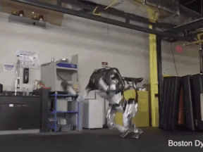 The robot performs a somersault and a jump.