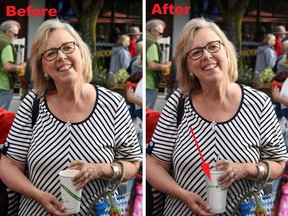 Before: Green party leader Elizabeth May in the original photo, holding a disposable, biodegradable cup at a market on Vancouver Island. After: May with a reusable cup bearing the Green party logo and a metal straw.