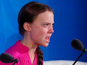 Swedish environmental activist Greta Thunberg speaks during the Climate Action Summit at United Nations HQ in New York on Monday. Thunberg will lead a street protest in Montreal on Friday.