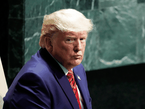 U.S. President Donald Trump sits after addressing the United Nations General Assembly in New York City, Sept. 24, 2019.