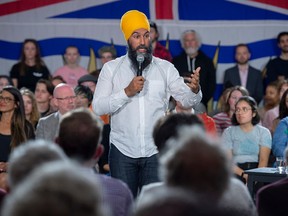 NDP Leader Jagmeet Singh holds a town hall meeting as he  makes a campaign stop in Victoria on Friday, Sept. 27, 2019.