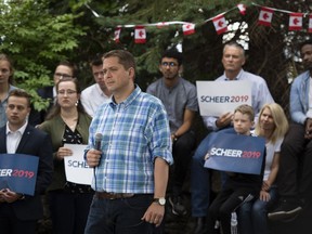 Conservative leader Andrew Scheer listens to questions during a campaign event in Ottawa on Saturday, Sept. 14, 2019. Scheer decided against taking a break from campaigning on the first weekend of the election campaign.