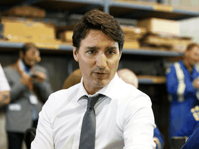 Prime Minister Justin Trudeau during a visit to Kinder Morgan's Trans Mountain pipeline terminal in Edmonton, on July 12, 2019.