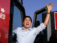 Liberal leader Justin Trudeau leaves a rally in Peterborough, Ontario.