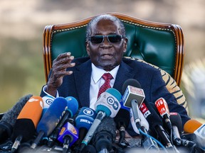 Former Zimbabwean president Robert Mugabe addresses media on July 29, 2018, in Harare. Mugabe died on Sept. 6, 2019, in Singapore.