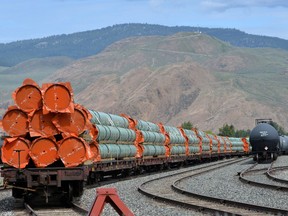 Steel pipe to be used in the oil pipeline construction of Kinder Morgan Canada's Trans Mountain Expansion Project sit on rail cars at a stockpile site in Kamloops, British Columbia, May 29, 2018.