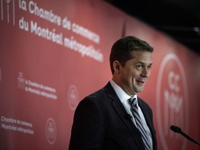 Leader of the Conservative Party Andrew Scheer speaks to members of the Chambre de commerce du Montreal metropolitain during a luncheon in Montreal on Friday, Sept. 6, 2019.