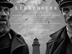 A movie poster of "The Lighthouse" featuring Robert Pattinson and Willem Defoe.
