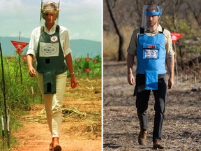 Combo picture shows Diana, Princess of Wales walking in one of the safety corridors of the land mine fields of Huambo, Angola January 15, 1997 REUTERS/Juda Ngwenya and Britain's Prince Harry, Duke of Sussex, visiting a working de-mining field in Dirico, Angola September 27, 2019.