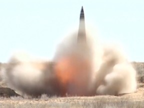 A still image, taken from a video footage and released by Russia's Defence Ministry on August 31, 2019, shows the test launch of a nuclear-capable short-range Iskander missile at the Kapustin Yar military shooting range near the city of Astrakhan, Russia.
