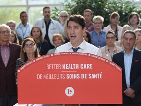 Leader of the Liberal Party of Canada, Justin Trudeau, makes a health care policy announcement in Hamilton, Ontario on Monday Sept. 23, 2019.