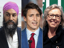 NDP Leader Jagmeet Singh, Liberal Leader Justin Trudeau, and Green Leader Elizabeth May. A minority Liberal government could be the worst case scenario for getting a new pipeline in Canada, Don Braid suggests.
