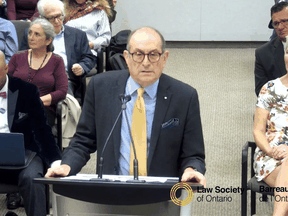 Sidney Troister in a frame grab from the Law Society of Ontario's debate over its Statement of Principles. Troister offered a compromise motion that was passed.