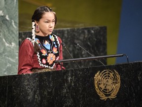 Autumn Peltier, a teenage activist from Wiikwemkoong First Nation on Manitoulin Island, Ont., addresses the United Nations General Assembly on March 22, 2018. She'll return to the UN headquarters in New York on Saturday to advocate for water protection in Canada's Indigenous communities.