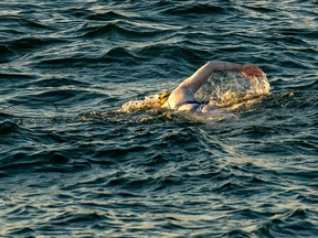 A handout photograph taken off the coast of Dover, southern England on September 15, 2019, and released by Jon Washer Photoraphy on September 17, 2019 shows US swimmer Sarah Thomas swimming in the Dover Strait, 10 miles off the English coast, on the first leg of her non-stop four leg, 54 hour, cross-Channel swim between England and France.