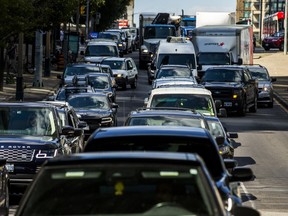 Traffic along Spadina Ave., during the afternoon rush hour, heading towards the Gardiner Expressway in Toronto, Ont. on Wednesday August 28, 2019.