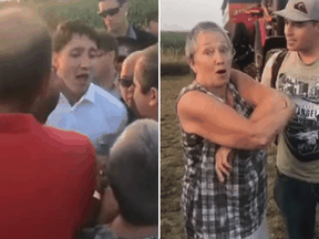 At left, Justin Trudeau at an event in Quebec in August 2018 accusing Diane Blain of racism. At right, Blaine at the event, where she asked questions about asylum seekers. Blain had links to far-right nationalist groups Storm Alliance and Front Patriotique du Québec, and has sued Trudeau.