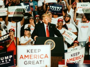 U.S. President Donald Trump pauses while speaking during a rally in Rio Rancho, New Mexico, U.S., on Monday, Sept. 16, 2019.