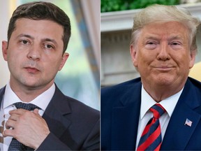 This combination of pictures created on September 24, 2019 shows Ukraine's President Volodymyr Zelensky in June 17, 2019 in Paris, and U.S. President Donald Trump during a meeting in the Oval Office at the White House in Washington, D.C., September 20, 2019.